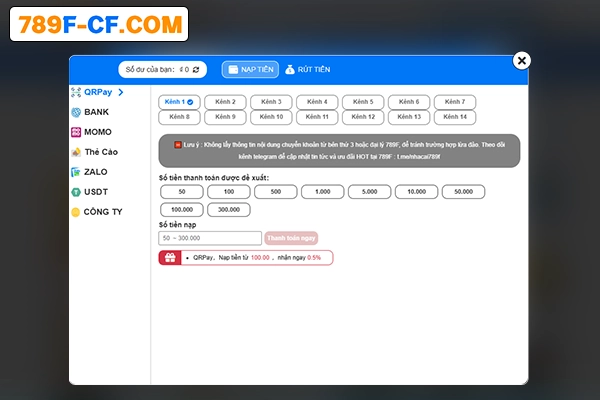 Hướng dẫn nạp tiền vào tài khoản 789F