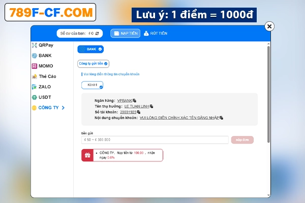 Phương thức nạp tiền 789f hiện nay